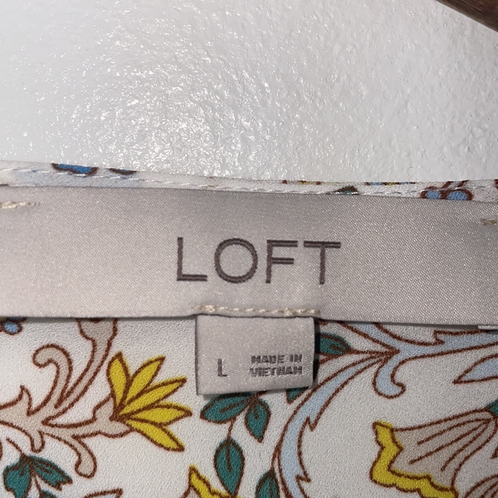 Loft Floral Long Sleeve Ruffle Blouse Top White Green Blue Cottagecore Sz Large - Picture 3 of 5